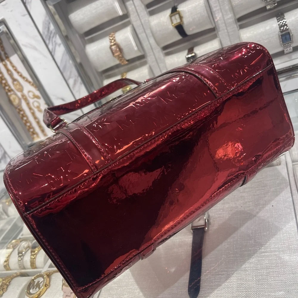 MICHAEL KORS Jet Set Medium Metallic Logo Debossed Satchel Cherry  NWT